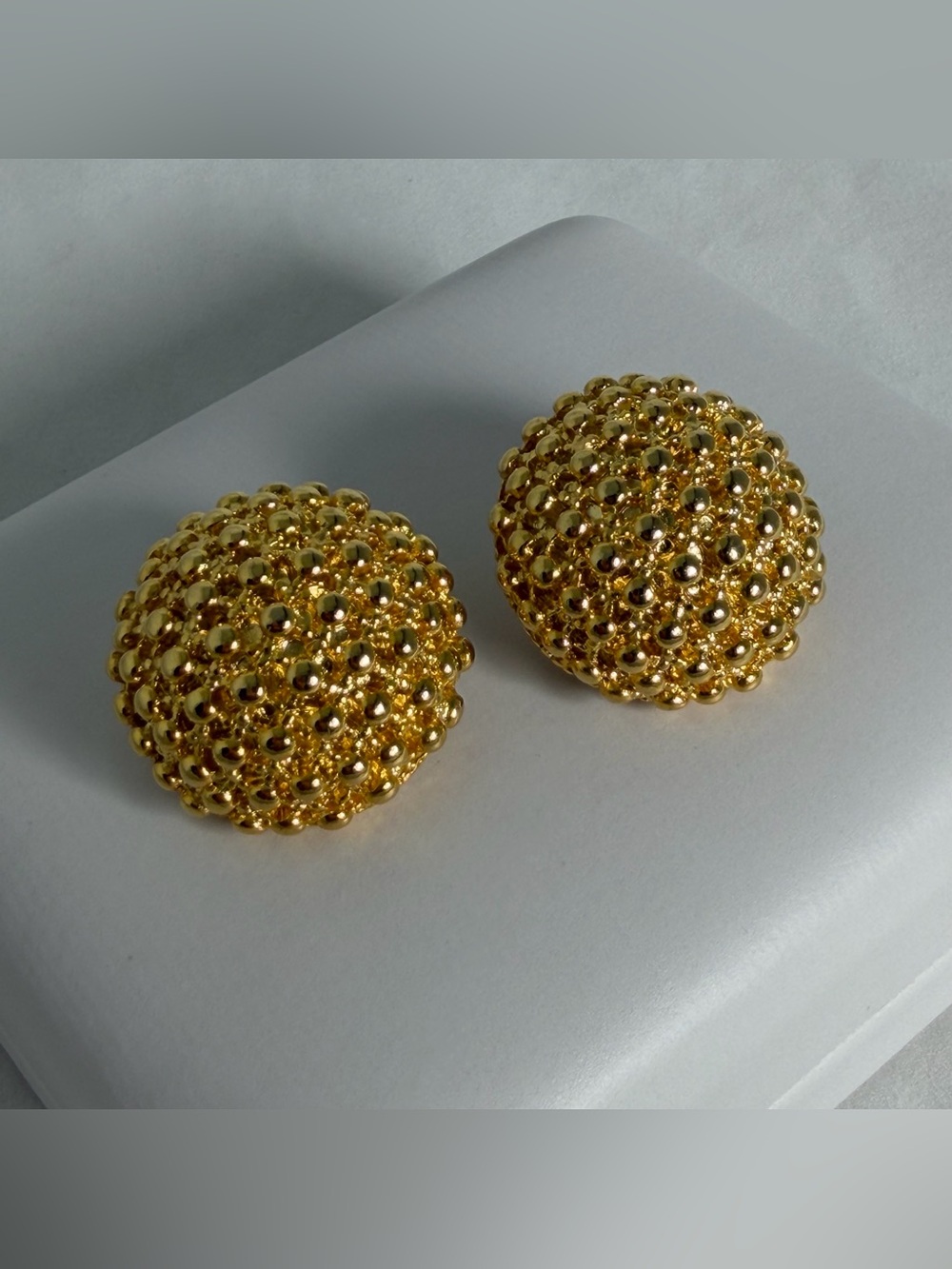 Vintage Gold Tone Textured Dome Button Earrings Pierced Caviar Style Estate